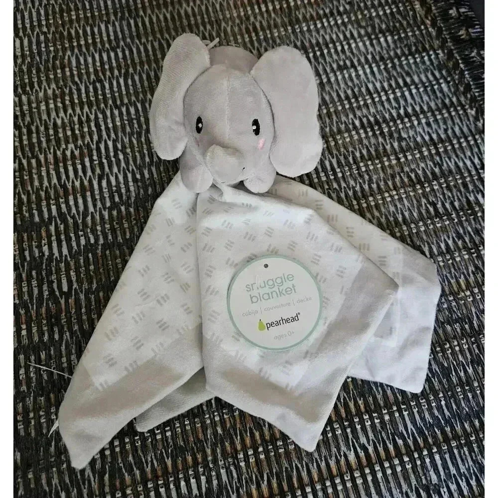 Pearhead Gray Elephant Baby Lovey Plush White Satin Stripe Security Blanket